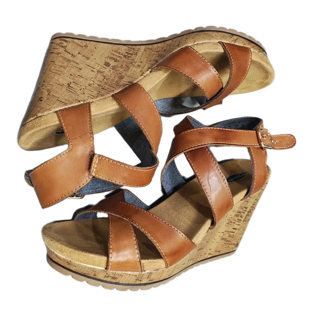 Dr. Scholl's Savory Wedge Sandals Womens Size 9M Brown Leather Ankle Strap EUC